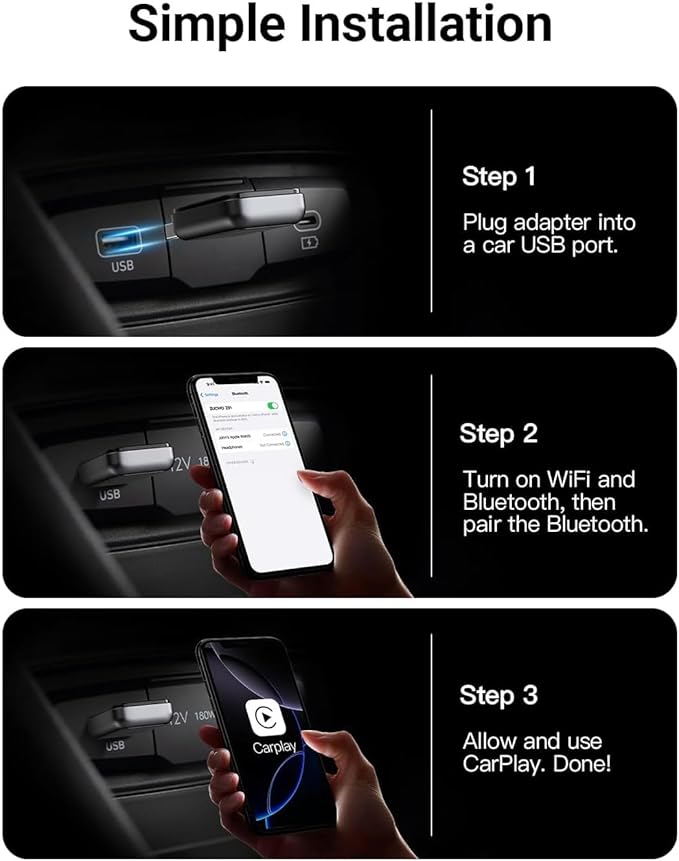 Apple MFi Certified Wireless CarPlay Adapter for iPhone, 5GHz Wireless Carplay Dongle, Convert Wired to Wireless CarPlay, for Factory Wired CarPlay Cars from 2015, Plug & Play (Black)