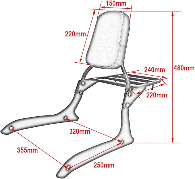 Passenger Backrest Sissy Bar & Luggage Rack Portable Compatible with Yamaha XVS1300 XVS1300A Midnight V-Star 2007-2015 (Chrome)