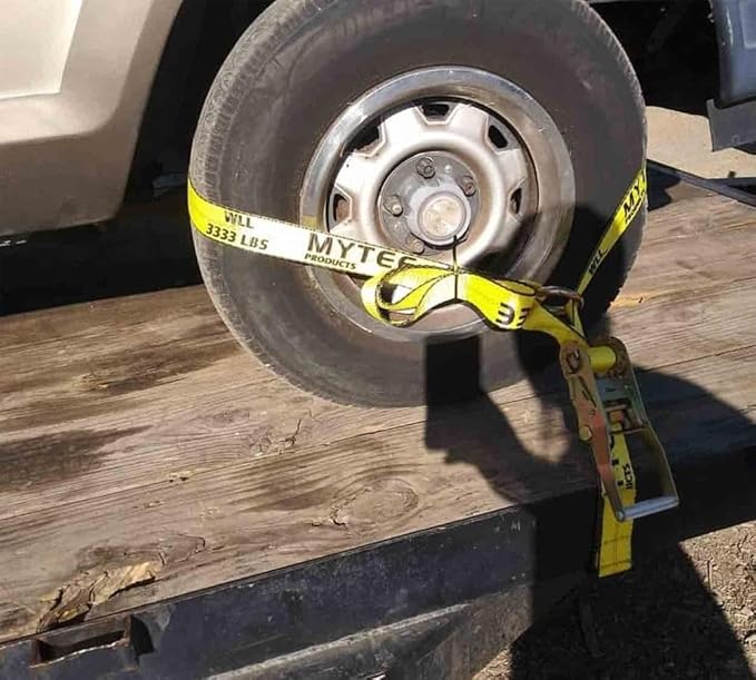 Mytee Products (4 Pack) 2" x 120" Car Trailer Tie Down Straps with Flat Hook - 3333 LB WLL Lasso Style Tire Straps for Vehicle Hauling