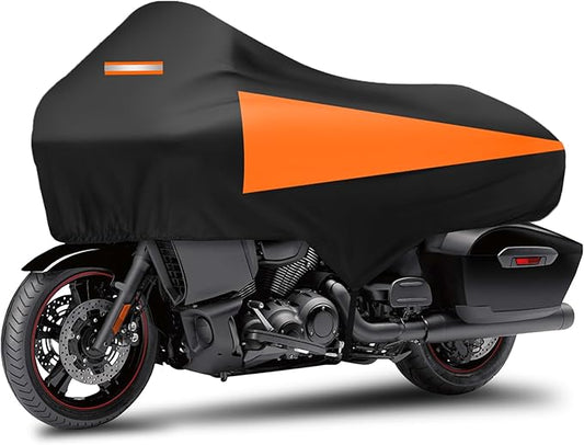 Motorcycle Half Cover with Elastic Hook Waterproof Dustproof Sunproof All-Weather Protection Suitable for Touring Models Road King Street Glide Road Glide and More(Black&Orange)