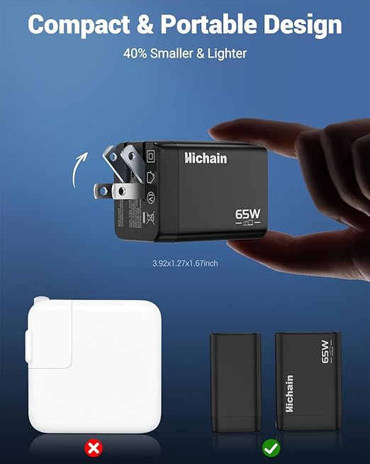 Hichain 65W USB C Charger 60W USB C Cable, 3-Port Wall Charger Block 3-in-1 Retractable Plug Fast Charging fot iPhone 17/16/15, 4 FT White Black