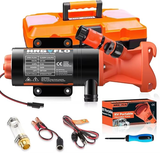 12V RV Portable Macerator Waste Pump for Sewage,12GPM Suction 3.2 feet Lift 10 feet with Garden Hose Discharge Port,Quick Release Sewage Pump with Fresh Water Rinse and Automatic Crushing Function