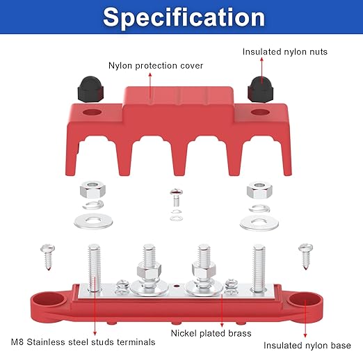 Bus Bar 250A 12V Power Distribution Block with 5/16" (M8) 4-Posts Terminals Block with Cover for Automotive, Marine, Battery System (Black & Red)