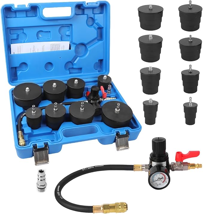 Turbo Boost Leak Tester Kit 10PC Boost Leak Tester Automotive Well-sealed Turbo/Emission/Cooling System Pressure Leakage Tester with 4 Pairs of Stepped Adapters 1-3/8" to 3-1/2", US & EU Air Fitting
