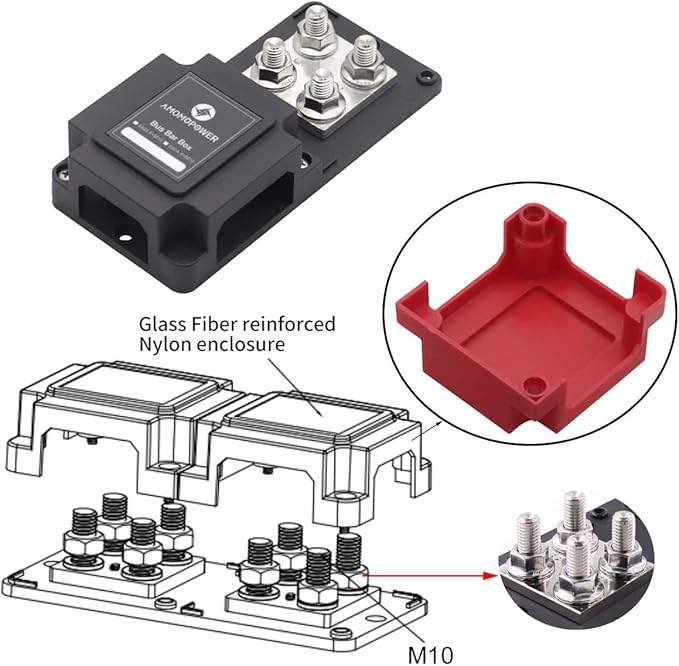Bus Bar 12V-48V 400A Heavy Duty Module Copper Busbar Power Distribution Blocks with 8X 3/8" (M10) Posts Terminals DC Battery Buss Bars 400 Amp for Car RV Solar Automotive Boat Marine, Red&Black