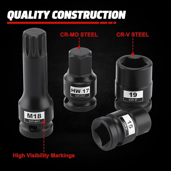 AIRTOON 16-Piece Impact Brake Caliper Socket Set, 1/2" Square Drive Brake Caliper Tool Compatible with Audi Porsche VW BMW Ford, With Storage Case