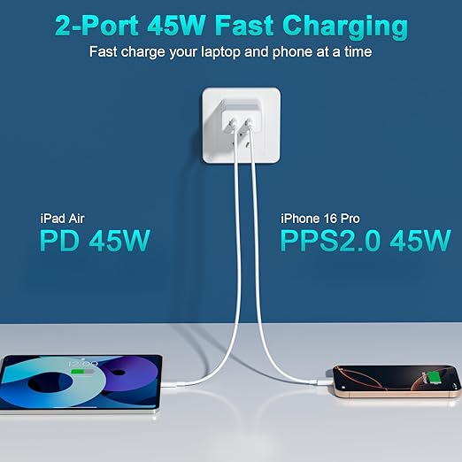 45W iPhone 17 16 15 Charger Fast Charging, 2-Pack Dual Port USB C Wall Charger Block with 2-Pack 6ft 60W Type C to USB C Cable, PD Fast Charger for iPhone 17 Pro Max/17 Air/16/15, iPad Pro