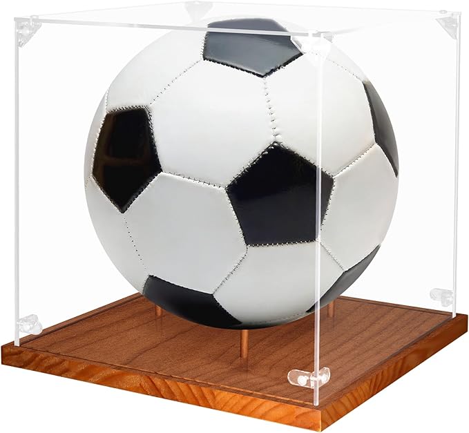 Clear Acrylic Soccer Ball Display Case with Wood Base & Tee, Memorabilia Stand Cube Holder, Dust Protection Transparent Storage Box for Single Ball Souvenir Soccer Ball Collections