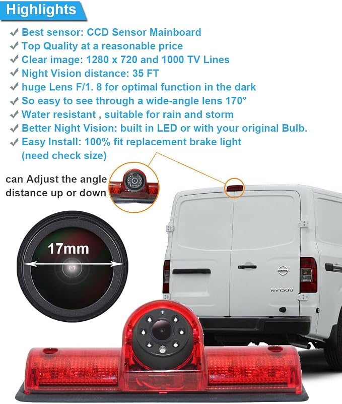 HD 1280X720 Pixel Brake Light Lamp Rear View Reverse Camera Replacement for Nissan NV 1500/2500/3500 S SV SL Cargo Vans Transporter 2011-2021