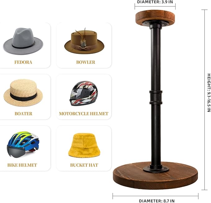exquis Adjustable Helmet & Hat Display Stand – Rustic Wood Base with Matte Black Metal Rod, Height Adjustable 12"–17.5", Set of 1