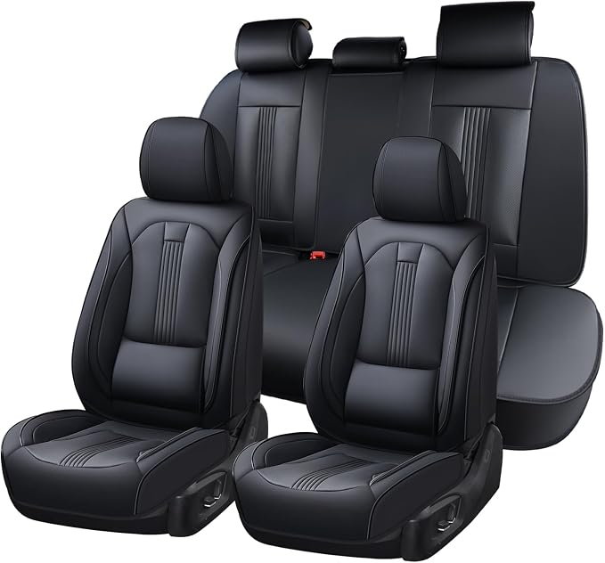 Huidasource Seat Covers, Car Seat Covers Nappa Leather with Lumbar Support, Side Elastic Fabric, Velcro Adjustable, Airbag, Ventilation Heating Child Seat Universal Fit for Most Cars SUV Trucks, Black