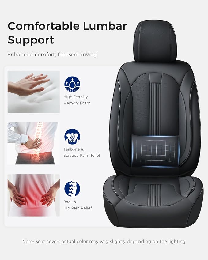 Huidasource Black Front Seat Cover, Nappa Leather Front Car Seat Cover with Lumbar Support, Ventilation Holes, Elastic Fabric, Airbag, Full-Coverage Seat Covers, Fit for Most Cars SUV Trucks, Black
