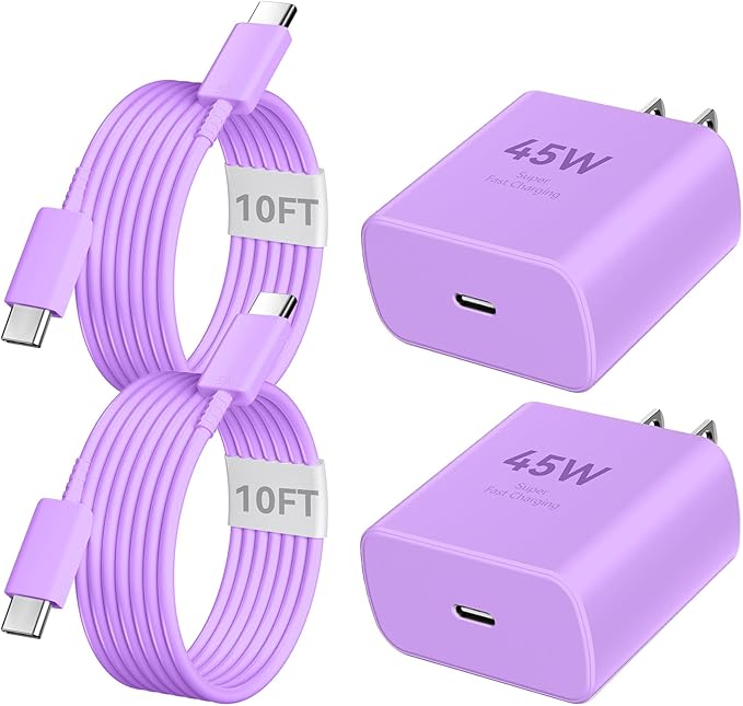 Phone 17 16 Pro Max Charger Fast Charging, 45W Super Fast USB C Charger Block with 10FT Extra Long Fast Charging Cable for 17 16 Pro Max/17 16/16 Plus,15 Pro Max/15 Pro/15, Android Phone-Purple