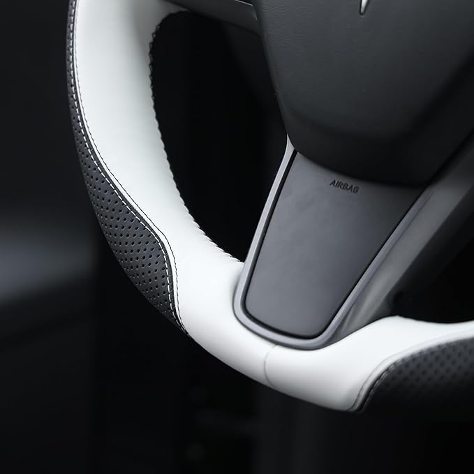 MEWANT Hand Stitched Steering Wheel Cover for Tesla Model 3 2017-2023 Model Y 2020-2023 Black White Microfiber Leather Custom Fit DIY Wrap Interior Accessories
