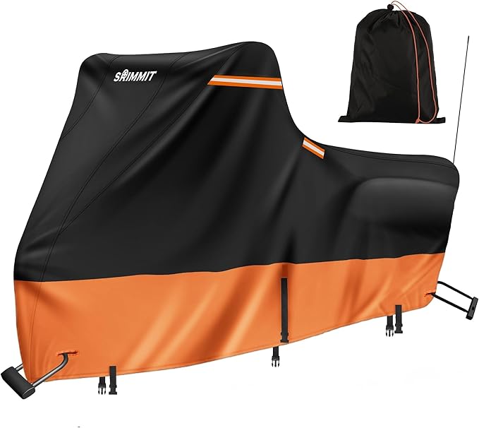 Motorcycle Cover Waterproof Outdoor,420D Large Motorcycle Cover with Side Box,fits Touring Models (108" x 44" x 56" Black & Orange)