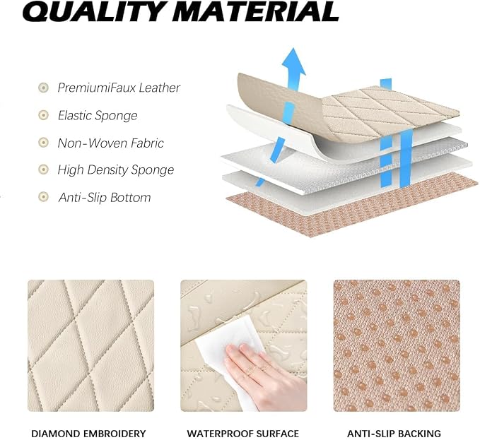 Beige Bottom Seat Cover for Cars Front Seats & Back Bench Full Set, Luxury Faux Leather Automative Seat Cushion Cover, Anti-Slip, Waterproof, Universal Fit