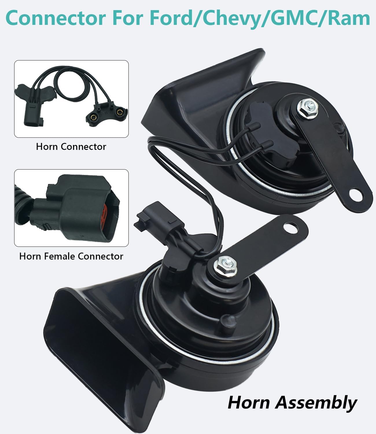 Car Horn Kit for Ford Chevrolet Ram GMC Tesla,12V Loud Waterproof Auto Horn, High Low Dual Tone 126 Decibel, Replacement for Ford(2 Connectors)