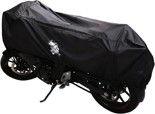 Dream Apparel Motorcycle Half Cover, Waterproof Motorcycle Cover for Outdoor, Rain Snow Dust Protection Universal Fit Heavy Duty Motorbike Vehicle Cover with Storage Bag, Black with Skull XL