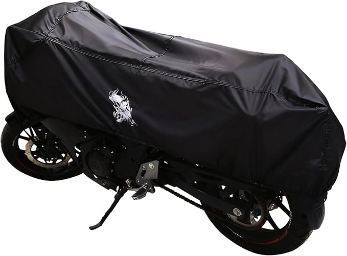 Dream Apparel Motorcycle Half Cover, Waterproof Motorcycle Cover for Outdoor, Rain Snow Dust Protection Universal Fit Heavy Duty Motorbike Vehicle Cover with Storage Bag, Black with Skull L