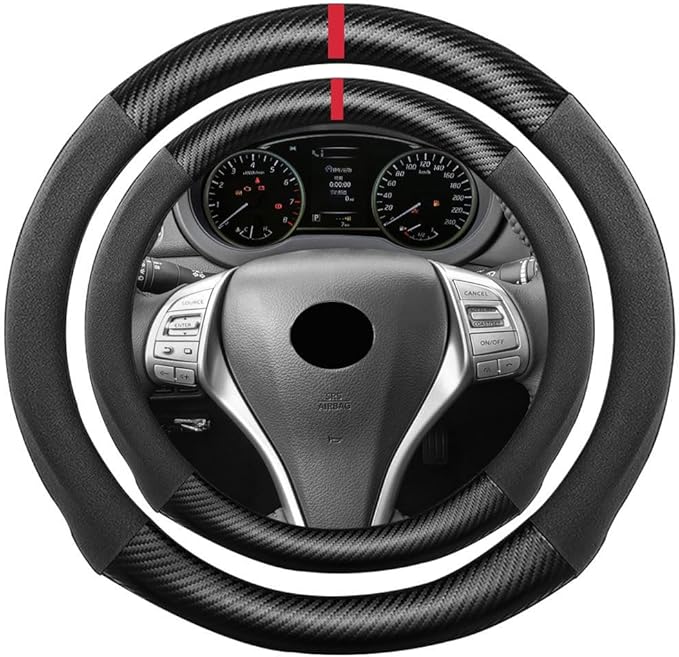 Suede Carbon Fiber Steering Wheel Cover, Compatible with Nissan Sentra Murano Pathfinder 15 inch Soft Suede Touch Leather Sport Non-Slip Automotive Interior Accessories