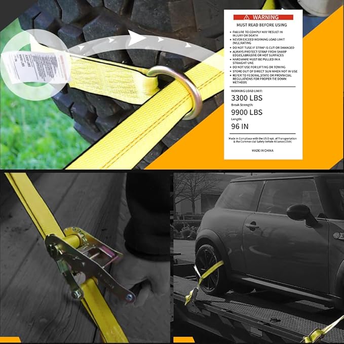 Car Tie Down Straps for Trailers (4PK) Flat Hooks Lasso Style and 2'' X 96'' Tie Down Webbing Easily Secure Tire Tie-Downs for Any Car, SUV, Jeep or Sports Car