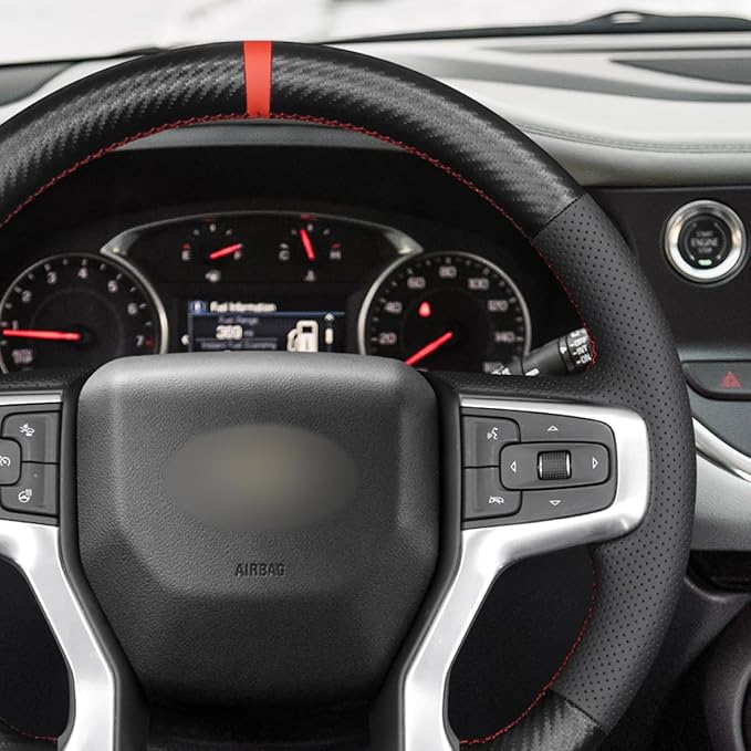MEWANT DIY Black PU Carbon Fiber Real Leather Steering Wheel Cover for Chevy Silverado 1500 2500 Suburban Tahoe Blazer