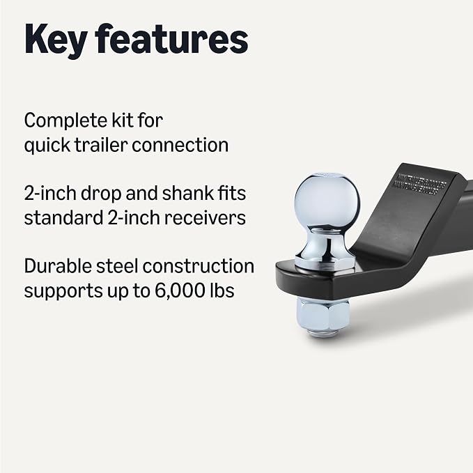 Amazon Basics Trailer Hitch Ball Mount with 2" Ball & Pin, Fits 2" Receiver, 2" Drop, 6,000 lbs Capacity