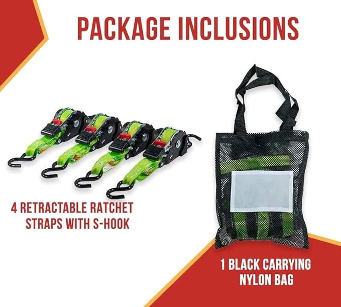 Mytee Products 4 Pack Retractable Ratchet Tie Down Straps w/S Hook - 1,500lb Break Strength Self Retracting Ratchet Straps for Haul Motorcycles, ATVs, Bikes, Trailer Tie-Down