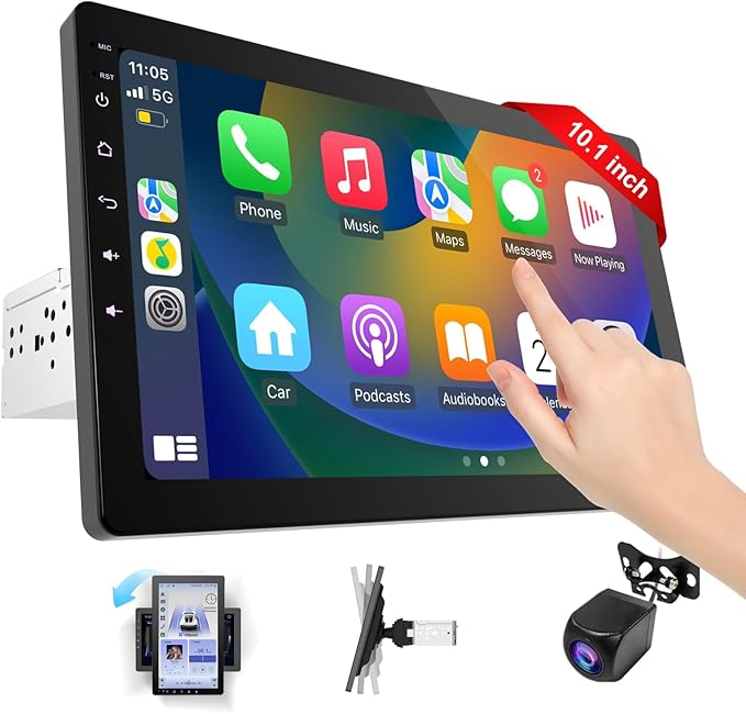 10.1 Inch Rotatable Carplay Screen for Car and Android Auto,Single Din Car Stereo with 720P Backup Camera,Touch Screen GPS Navigation,Bluetooth,Voice Control