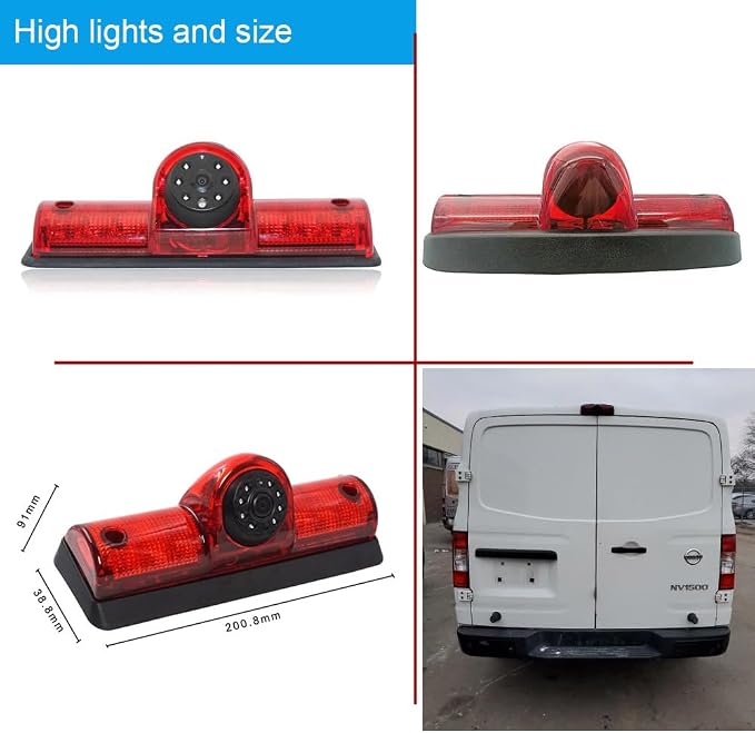Car Third Roof Top Mount Brake Light 3 Rear View Camera Parking Safety Assistant System, HD Night Vision Waterproof for NV1500/2500/3500 S SV SL Cargo Vans Transporter 2011-2021(with 7-inch Monitor)