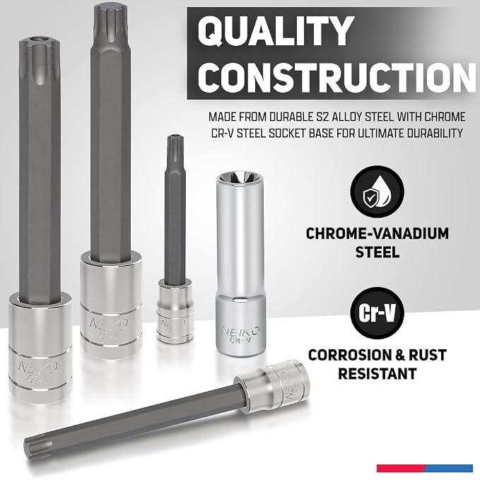 NEIKO 10287A Extra Long Socket Bits and Deep Socket Set | 60 Piece | S2 Tamperproof Torx Plus Bits and Cr-V Steel E-Torx Sockets
