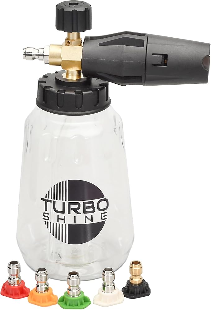 Premium Foam Cannon 1L - High-Pressure Car Wash Sprayer with 1/4in Quick Connector - Includes 5 Multi-Surface Nozzles (Clear, 1 Liter)