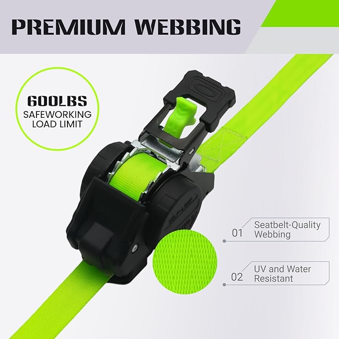 Retractable Ratchet Straps (4-Pack) - Heavy Duty Auto Slow Retraction Tie Down Straps - 1 Inch x 13 Feet (1,800lb Break Strength) for Truck, Cargo Trailer, Motorcycle, ATV, UTV - Fluorescent Green