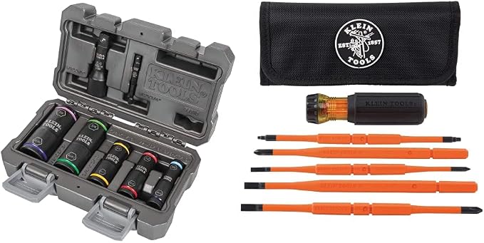 Klein Tools 66070 Impact Socket Set, Impact Driver Flip Socket, Five Sockets with 1/4-Inch Hex and 1/2-Inch Square Socket Adapters, 7-Piece