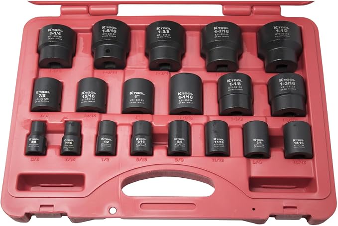 K Tool International 33101 19 Piece SAE Short Impact Socket Set, 1/2 Inch Drive 6 Point Cr Mo Steel Sockets from 3/8 to 1 1/2 Inch, Laser Etched Markings, Blow Molded Case, For Shop and Industrial Use