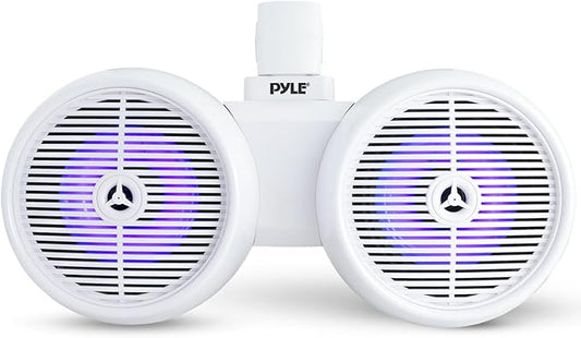 Pyle Dual Waterproof Off-Road Speakers - 8" 300W 2-Way Marine Wakeboard Tower Sound System w/LED Light, Full Range Outdoor Stereo Speaker for Car, ATV, UTV, Jeep, Boat, Includes Brackets (White)