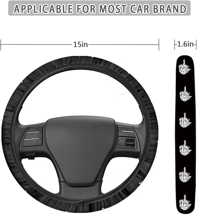 Skeleton Hand Butterfly Middle Finger Print 12 Pieces Skull Car Accessories Interior Seat Covers Full Set with Steering Wheel Covers+Seat Belt Pad+Keychain+Cup Coasters+Lipstick Holder