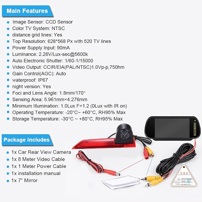Car Third Roof Top Mount Brake Light 3 Rear View Camera Parking Safety Assistant System, HD Night Vision Waterproof for Ford Transit Custom 2012-2016 (with 7-inch Rearview Mirror)