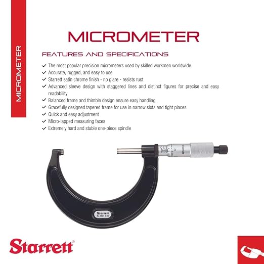 Starrett Outside Micrometer with One-Piece Spindle, Satin Chrome Finish and Advanced Sleeve Design - Quick and Easy Adjustment, 2-3" Range, .001" Graduation - 436.1XRL-3