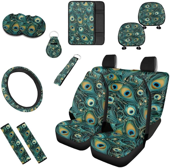Peacock Feather Print Car Seat Cover Full Set Cartoon Animal Relief Feathers Pattern 13 Pcs Print Front/Rear Split Bench Protection Universal Fit for Auto Truck Van SUV