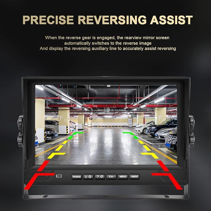 9 Inch 4-Channel 1080P Wired Backup Camera System with DVR, Quad Split Screen Monitor, 4 Waterproof Night Vision Cameras Included, Loop Recording, Remote Control for Truck/RV/Trailer/Bus/Car