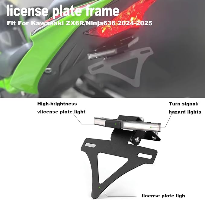 Motorcycle Fender Eliminator Kit Rear License Plate Holder with LED Light Fit for Kawasaki Ninja 636 ZX 6R ZX6R ZX-6R 636 2024 2025 Tail Tidy with Tail rack bracket Turn Signal Indicator