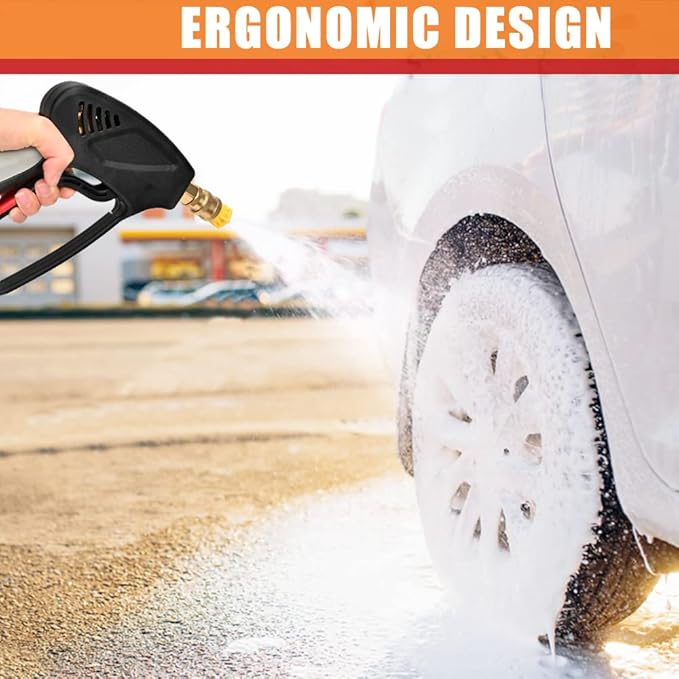 Pressure Washer Short Gun, 5000 PSI High Pressure, Trigger Handle and Professional 3/8" Swivel Quick Connect Plug, M22-14mm/15mm Fitting Adapter, 5 Spray Nozzle Tips with Holder