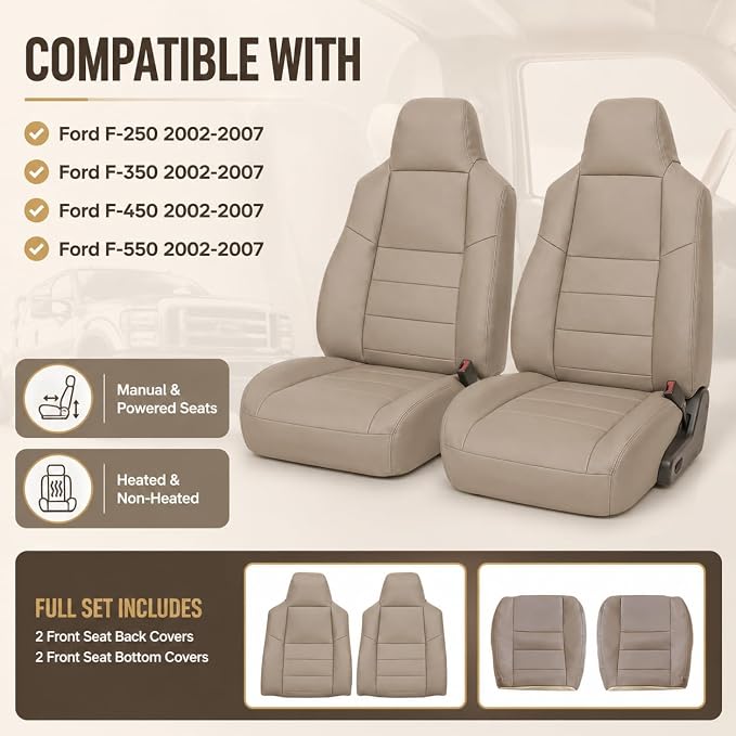 NLQR Medium Parchment Tan Leather Driver & Passenger Side Bottom & Top Lean Back Replacement Microfiber LeatherSeat Covers fit for Ford F250 F350 F450 F550 Lariat 2002-2007 & Excursion 2002-2005