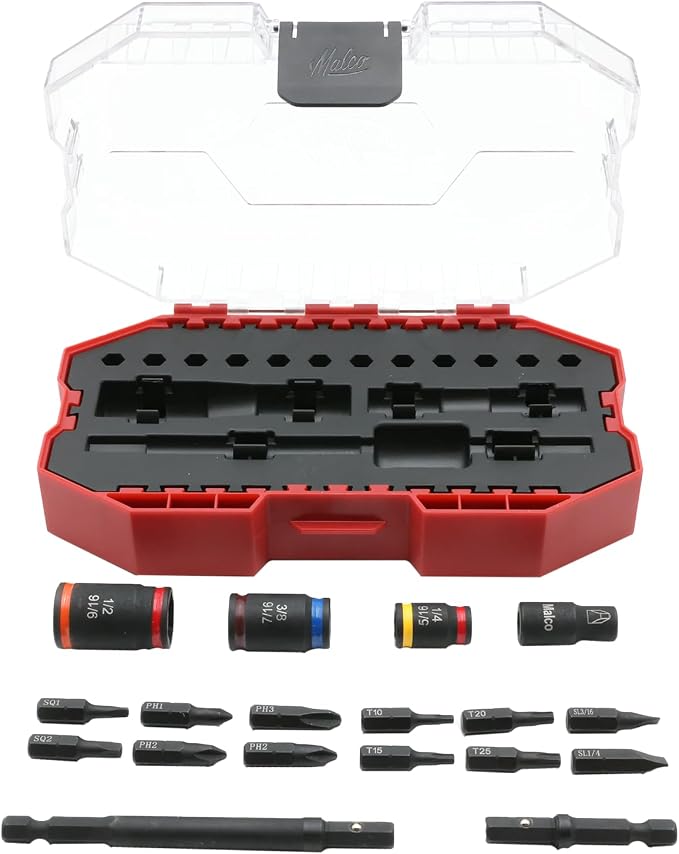 Malco KITCRB C-RHEX Socket Install Kit with Premium Case -Cleanable Reversible Hex Sizes (1/4"-9/16"), 2 Magnetic Shafts, 12 Impact-Rated Bits