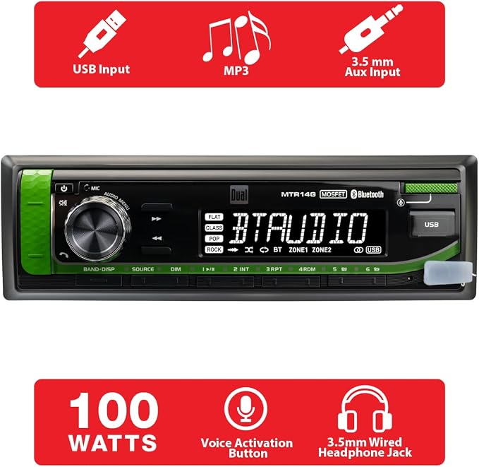 Dual Electronics TRJDR14G John Deere Tractor Radio | 7-Character LCD | Weatherproof | Bluetooth | Plug N Play Wiring Harness w/Headphone Jack | USB Port | Also Fits McCormick, JCB, + Case IH Tractors