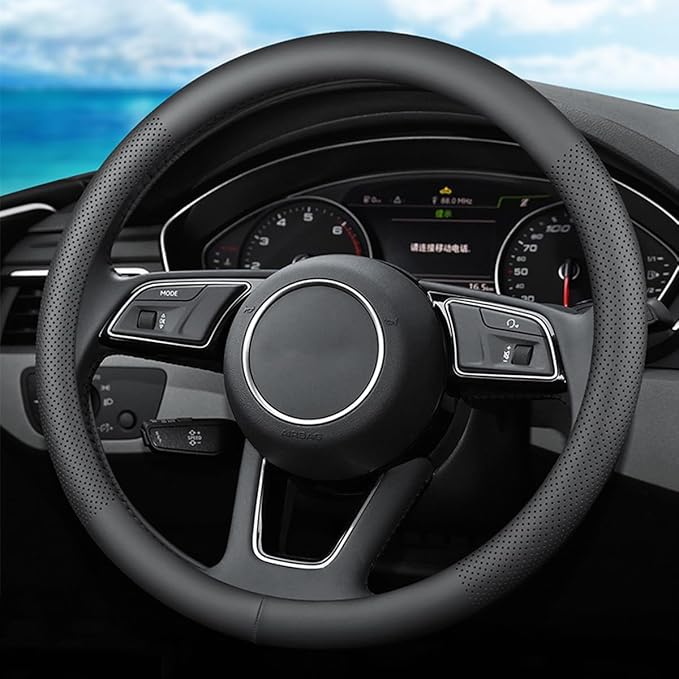 XHRING Car Steering Wheel Cover for Mazda CX5/CX-5 CX50/CX-50 CX3/CX-3 CX30/CX-30 CX9/CX-9 Mazda 3 Mazda 5 Mazda 6 MX-5 Miata CX-7 RX-8 GS GT Sport Touring Accessories, 2026 Black Leather 14 1/2"-15"