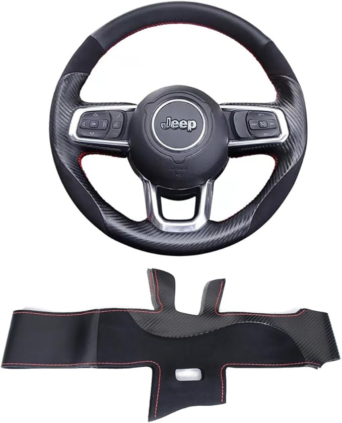 Hand-Sewing Steering Wheel Wrap Cover Black Suede/Matte Carbon Fiber Interior Protection Accessories for Jeep Wrangle 2018-2022 Jeep Gladiator 2020-2022 (Black Carbon Fiber)