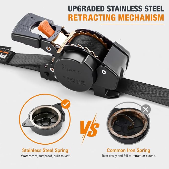 Retractable Ratchet Straps (4-Pack) - 1 Inch x 10 Feet (1,764lb Break Strength) - Heavy Duty Auto Self Retracting Tie Down Straps for Truck, Cargo Trailer, Motorcycle, ATV, UTV - Black