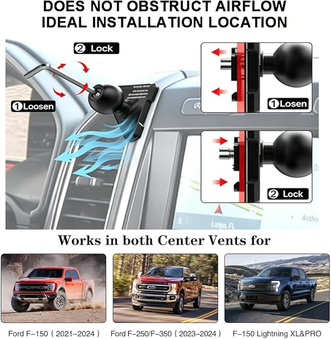 Upgraded Aluminum Vent Phone Mount for Ford F150 2021-2024, Ford F-250/F-350 2023-2024, F-150 Lightning XL&PRO, 360° Rotation Metal F150 Vent Phone Holder, No Shake Off-Road Stable for all Smartphones